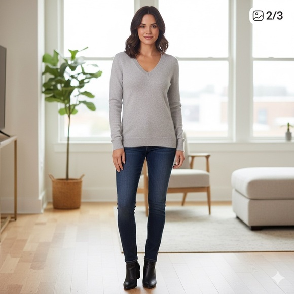 Lord & Taylor Grey Cashmere V-Neck Sweater - Picture 1 of 3